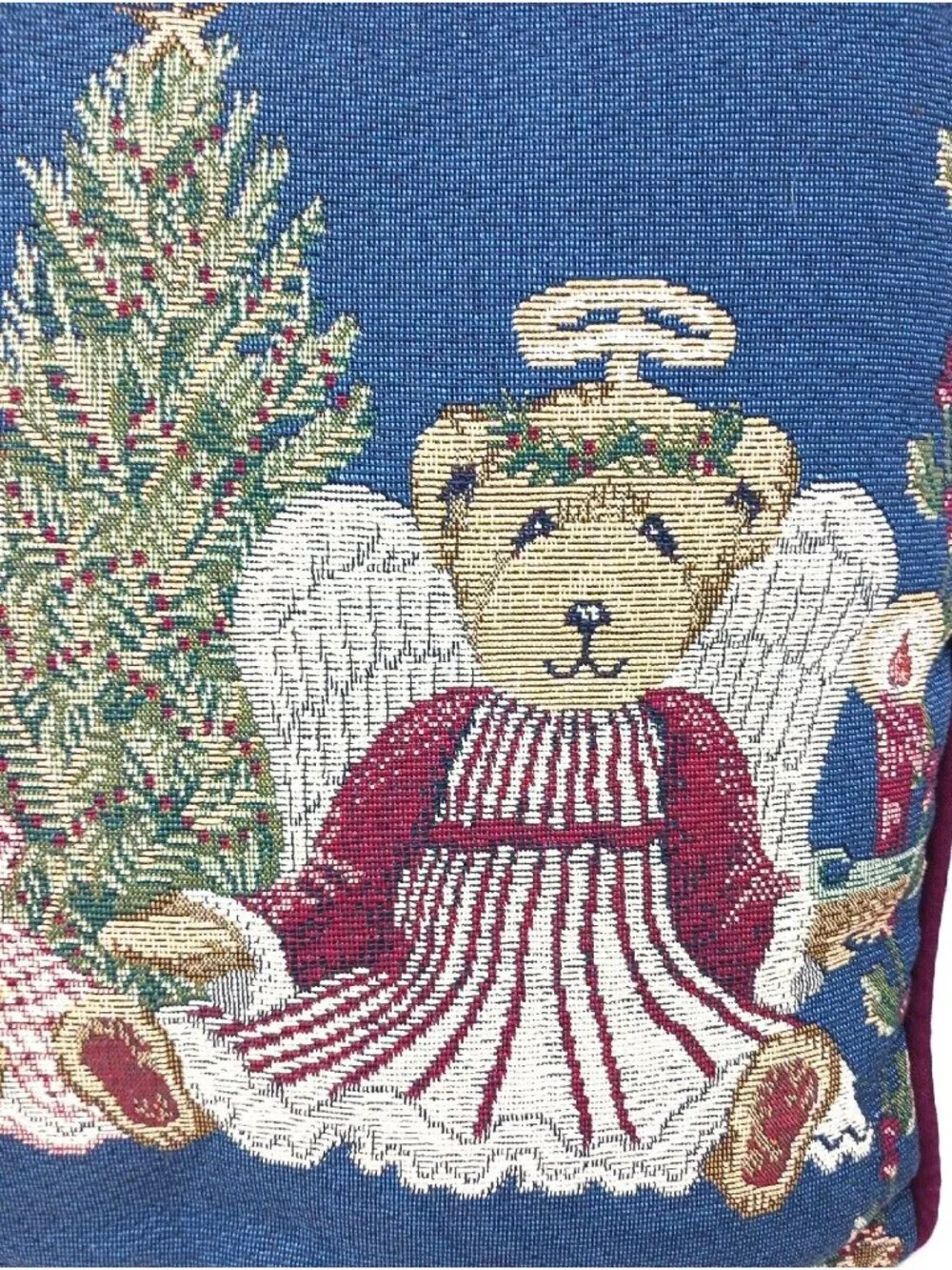 Holiday Tapestry Throw Pillow Two Angel Bears Tree 17 Inch VTG #D8